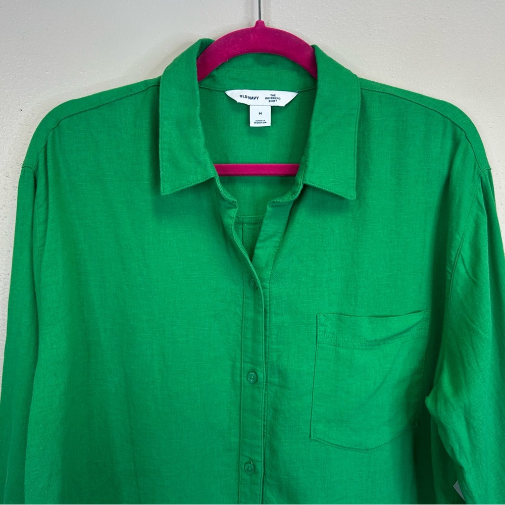 Old Navy Women’s M Vibrant Kelly Green Linen Button Down Shirt St. Patrick’s Day - Picture 2 of 11